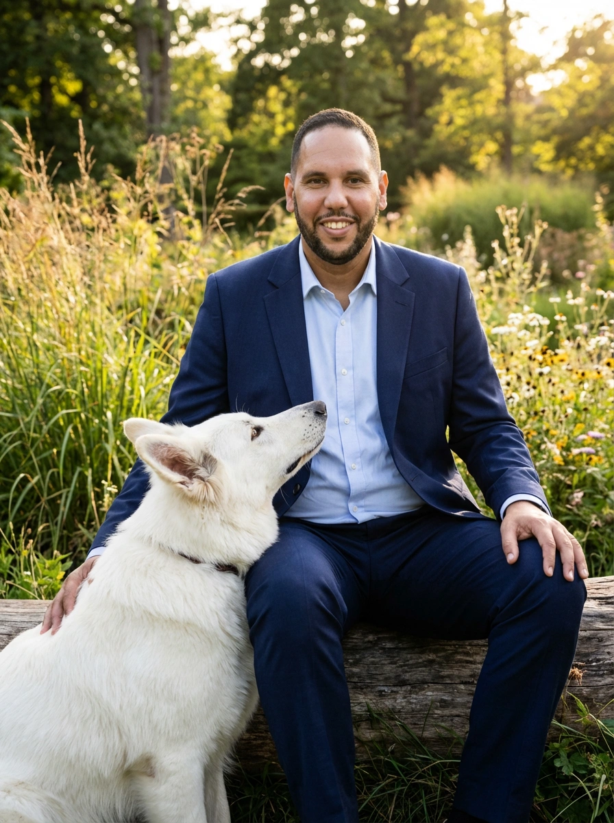Éleveur professionnel avec son chien dans un cadre de travail